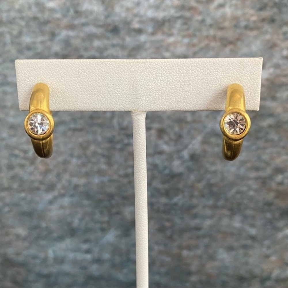 Vintage Gold Tone Crystal Hoop Earrings Huggie Bezel Set Minimalist Jewelry - Picture 2 of 8